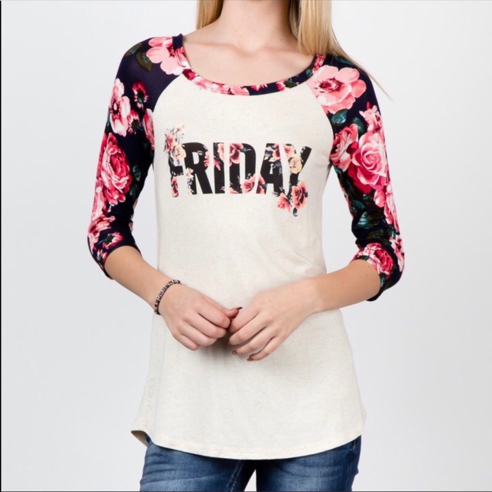 Navy “Friday” floral 3/4 sleeve top